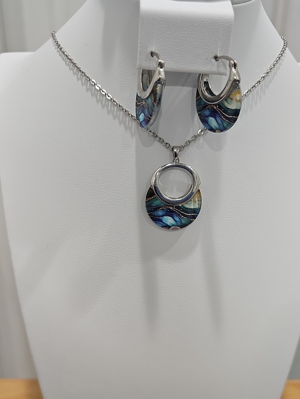 Stainless Steel Blue Multicolor Glass Wave Pendant Necklace & Hoop Earrings Set